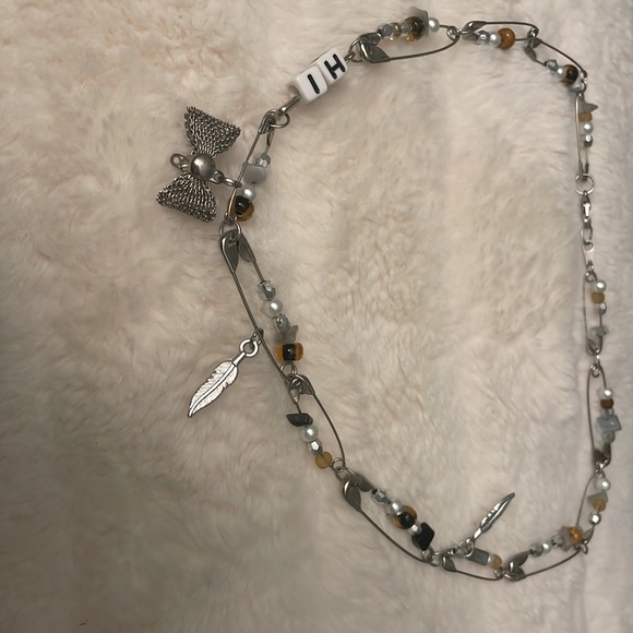 Handmade silver safety pin brown charm necklace - Picture 2 of 2